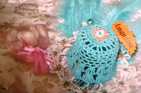Chapeau miniature turquoise, fleurs orange, fait main CROCHET